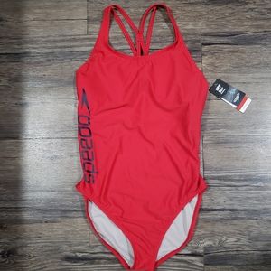Speedo womens swimsuit one piece thin strap high cut size 14 swimwear red